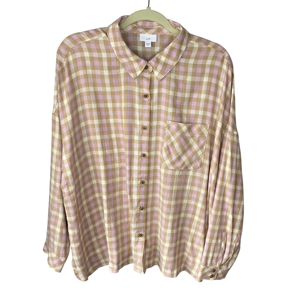 J. Jill Womens XL Gingham Button Down Shirt Tan‎ Lavender Check Long Sleeve NEW